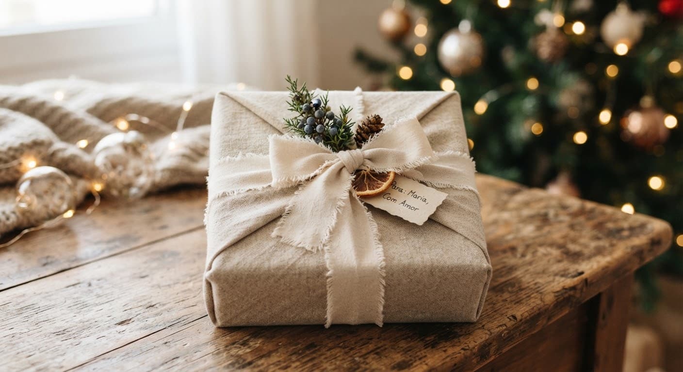 Presente de Natal delicado embalado com linho e fita artesanal