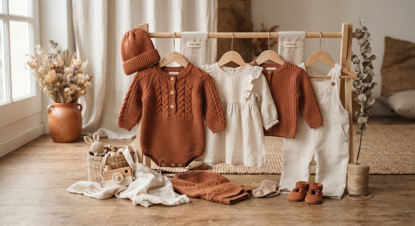 Roupas infantis de tricô e linho em tons terracota e off-white para ensaio fotográfico